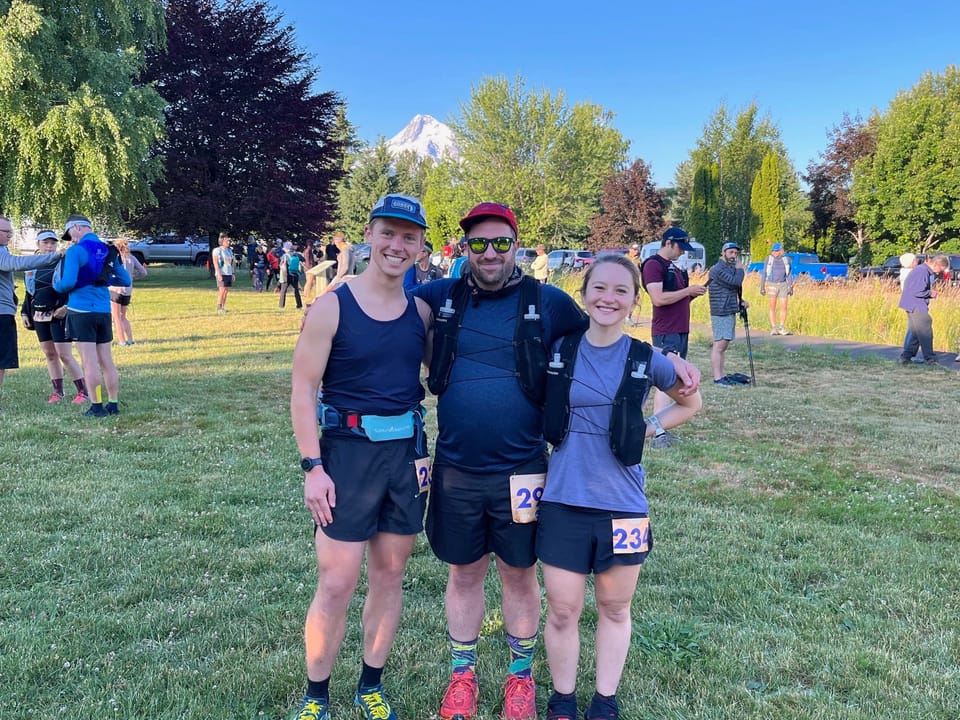 Three people (left to right): Grant, Simon (the author of the post), Katie at the start of Wy'East Wonder 50k in June 2023. T